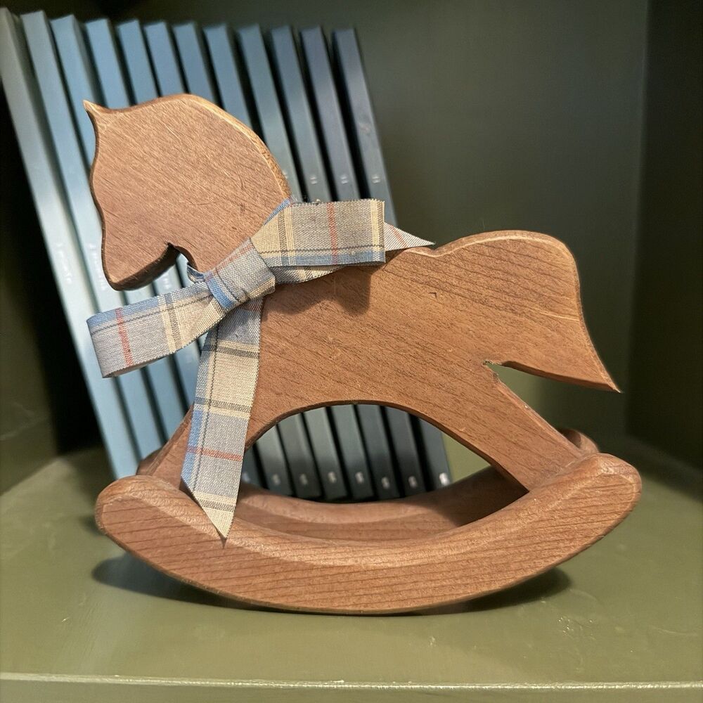 Vintage Handmade Wood Rocking Horse W/ Plaid Bow Nursery Decor 6” Long